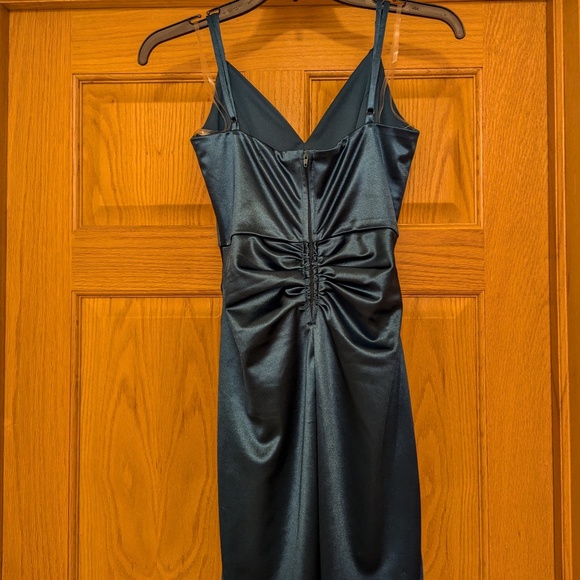 Honey and Rosie Spaghetti Strap V-Neck Ruched Satin Bodycon Dress - Picture 5 of 11
